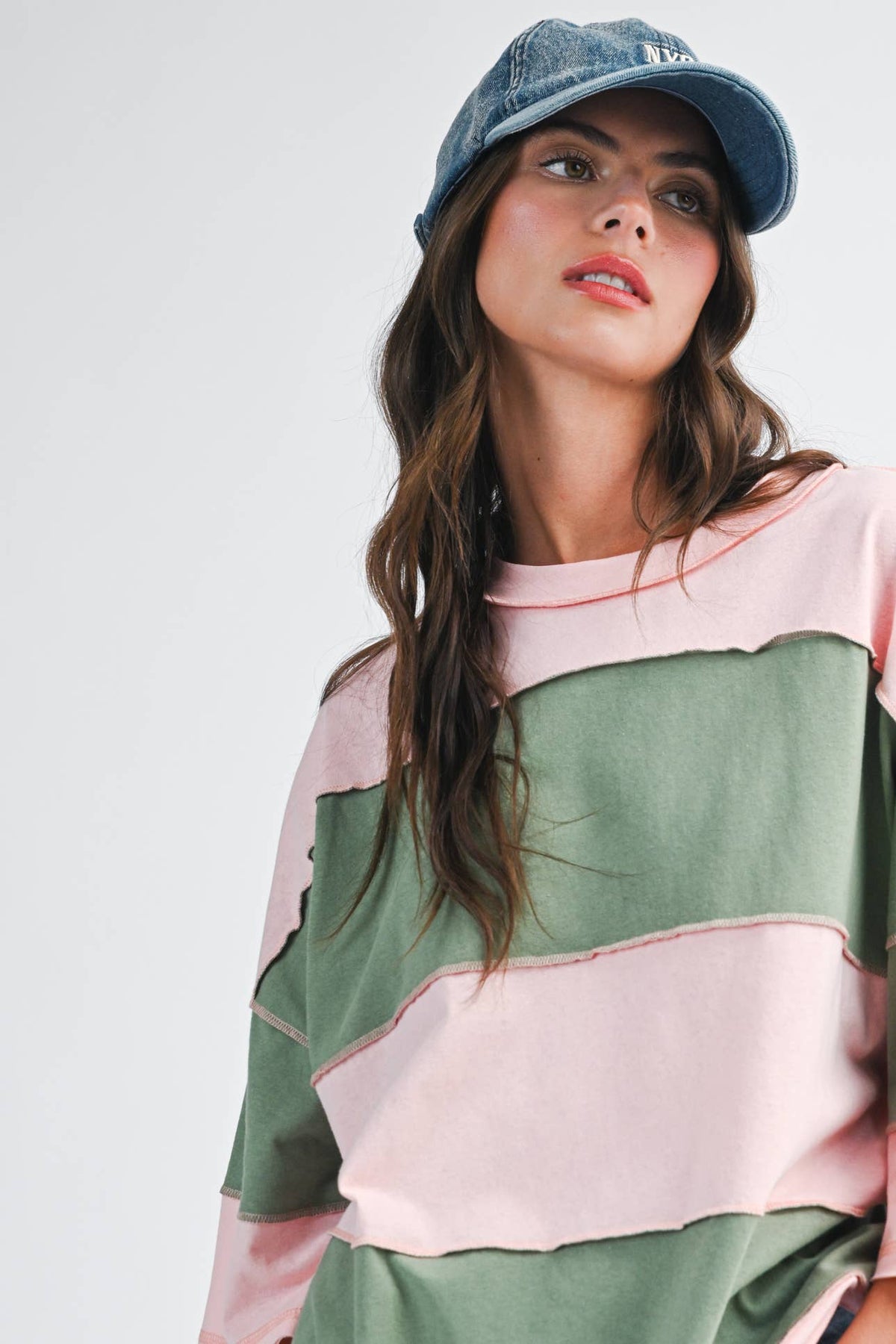 Oversized Color Block LS Pullover: Peony/Green