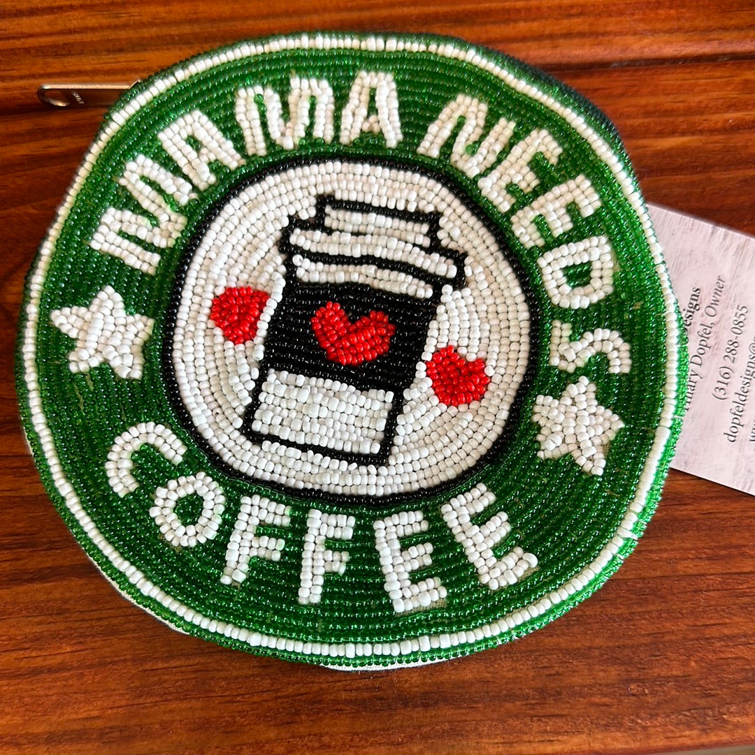 Beaded “Mama needs coffee” coin purse