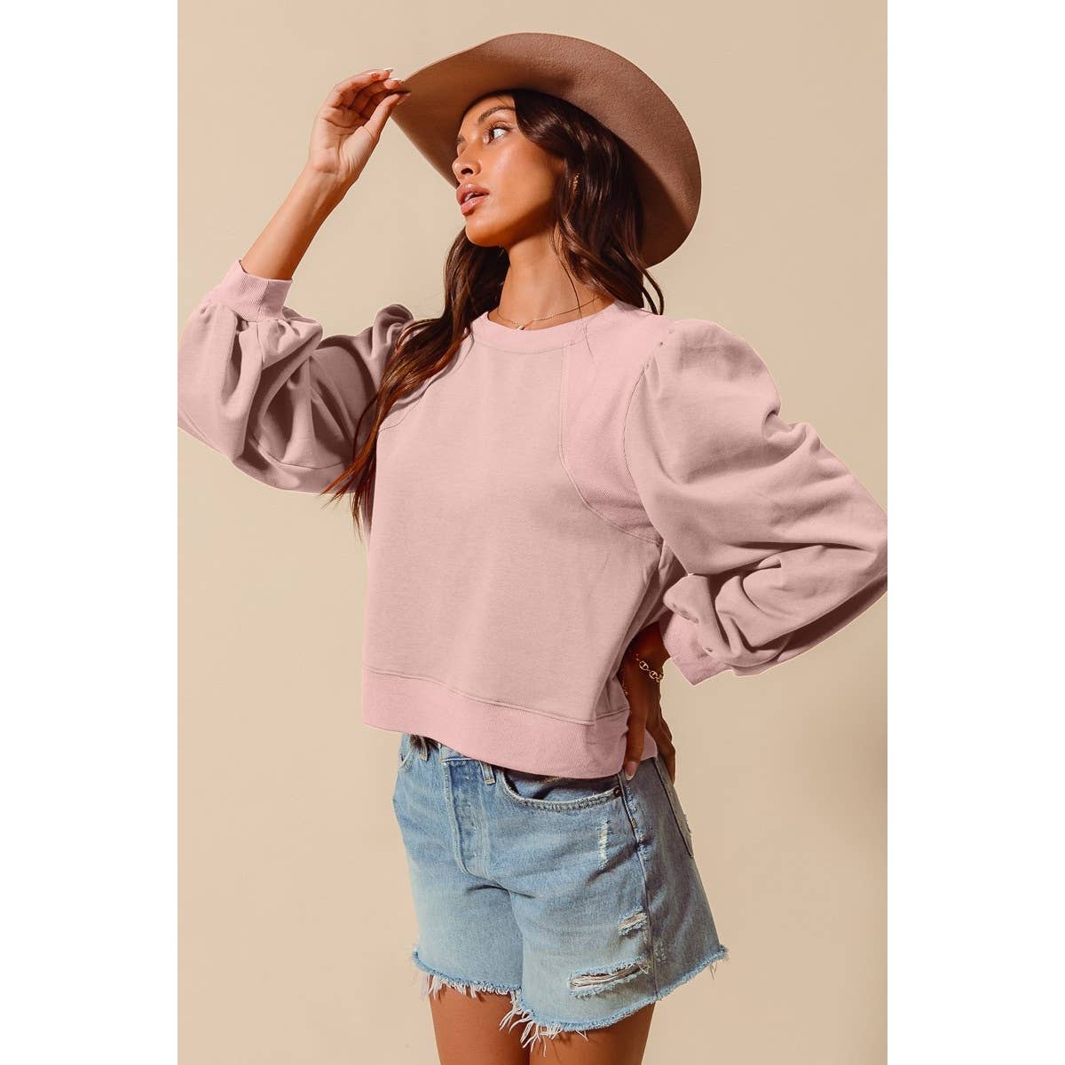Terry Knit Top Puff Sleeves