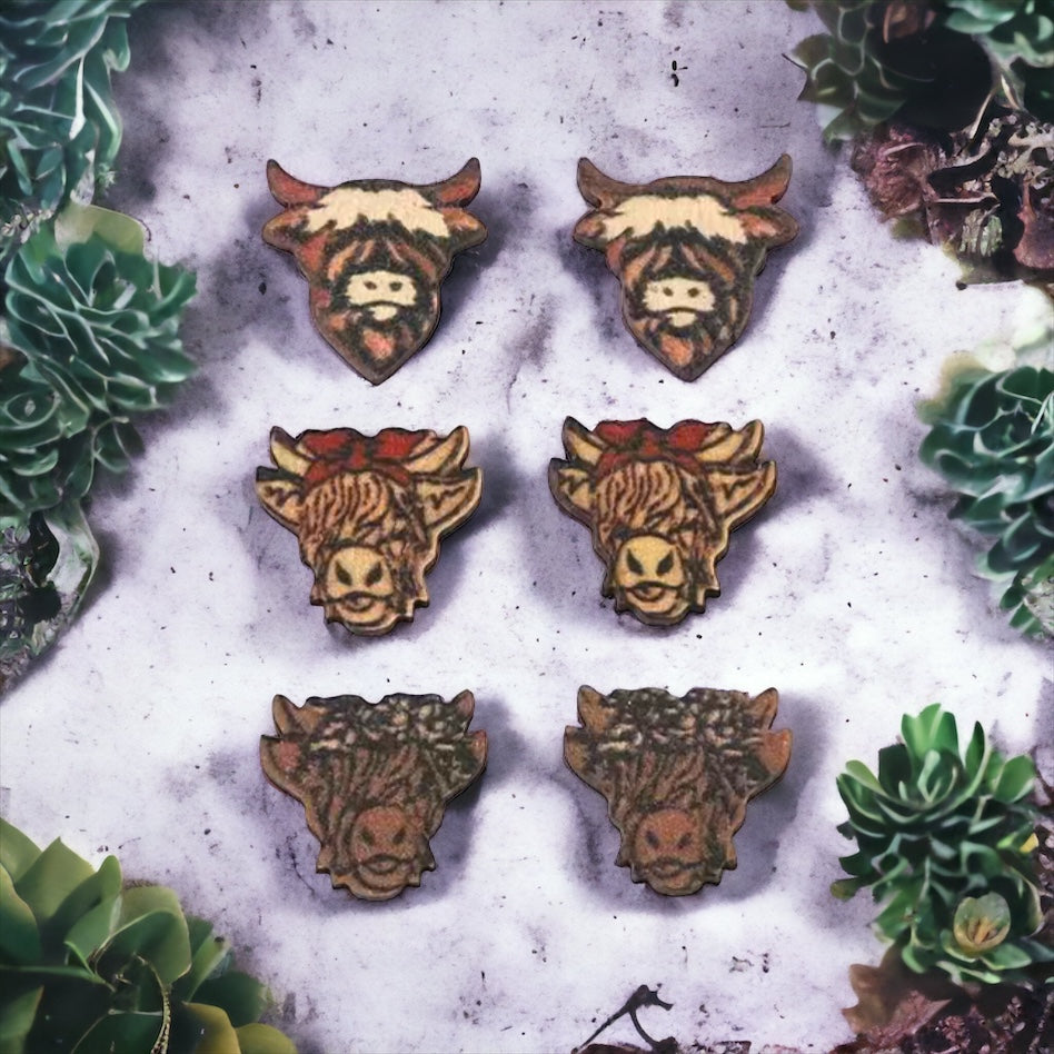 Highland cow wooden stud earrings