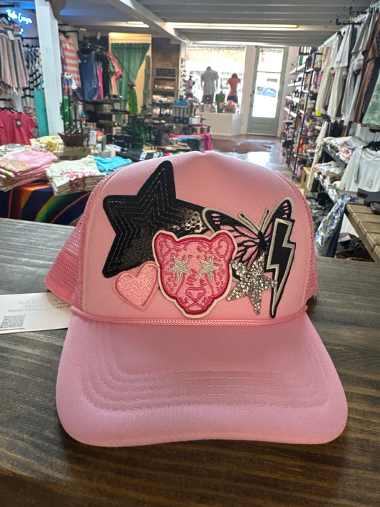 Pink cheetah patch trucker hat