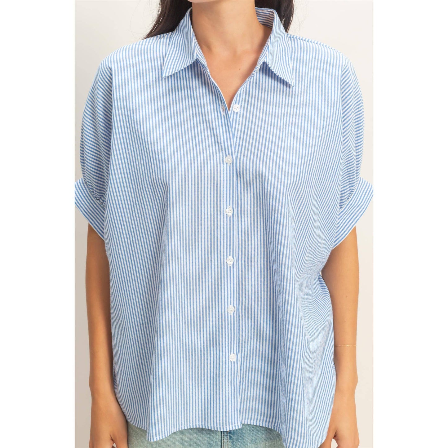 Striped Short Sleeve Blouse: Blue