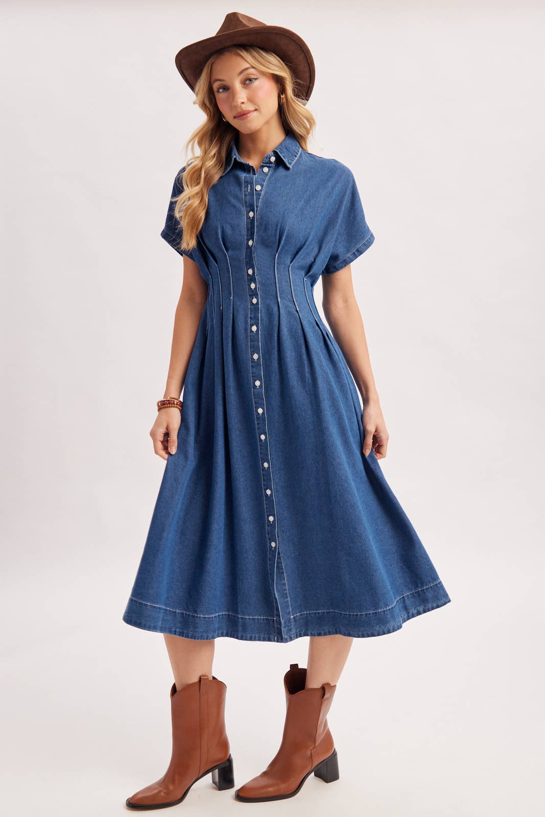 Button Down Pleated Waist Denim Dress
