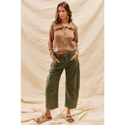 Mid Rise Corduroy Barrel Pants Olive