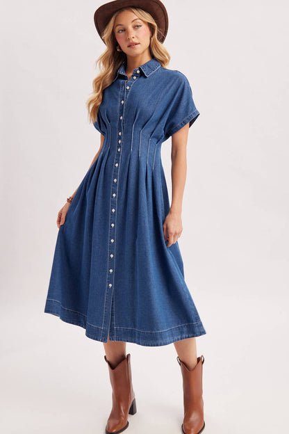 Button Down Pleated Waist Denim Dress