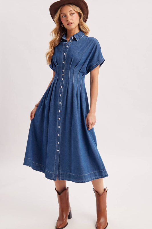 Button Down Pleated Waist Denim Dress