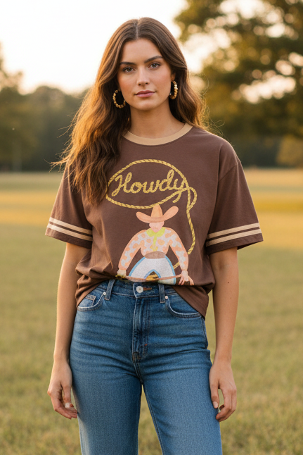 “HOWDY” Brown Ringer Tee