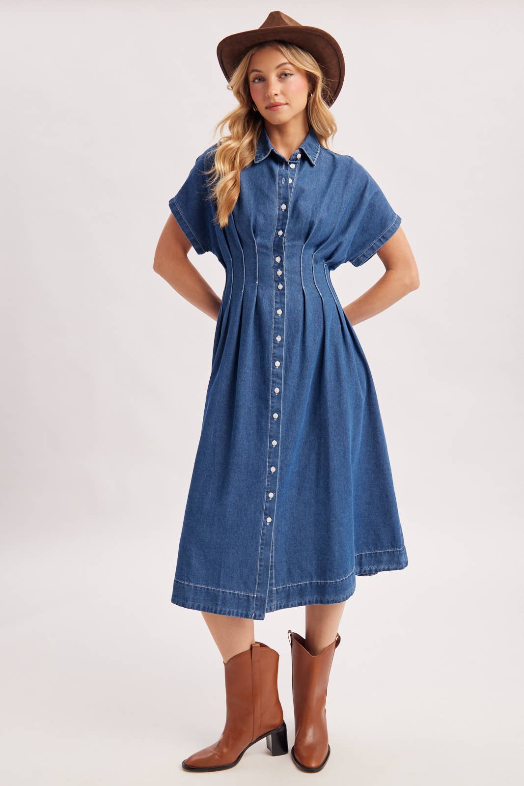 Button Down Pleated Waist Denim Dress