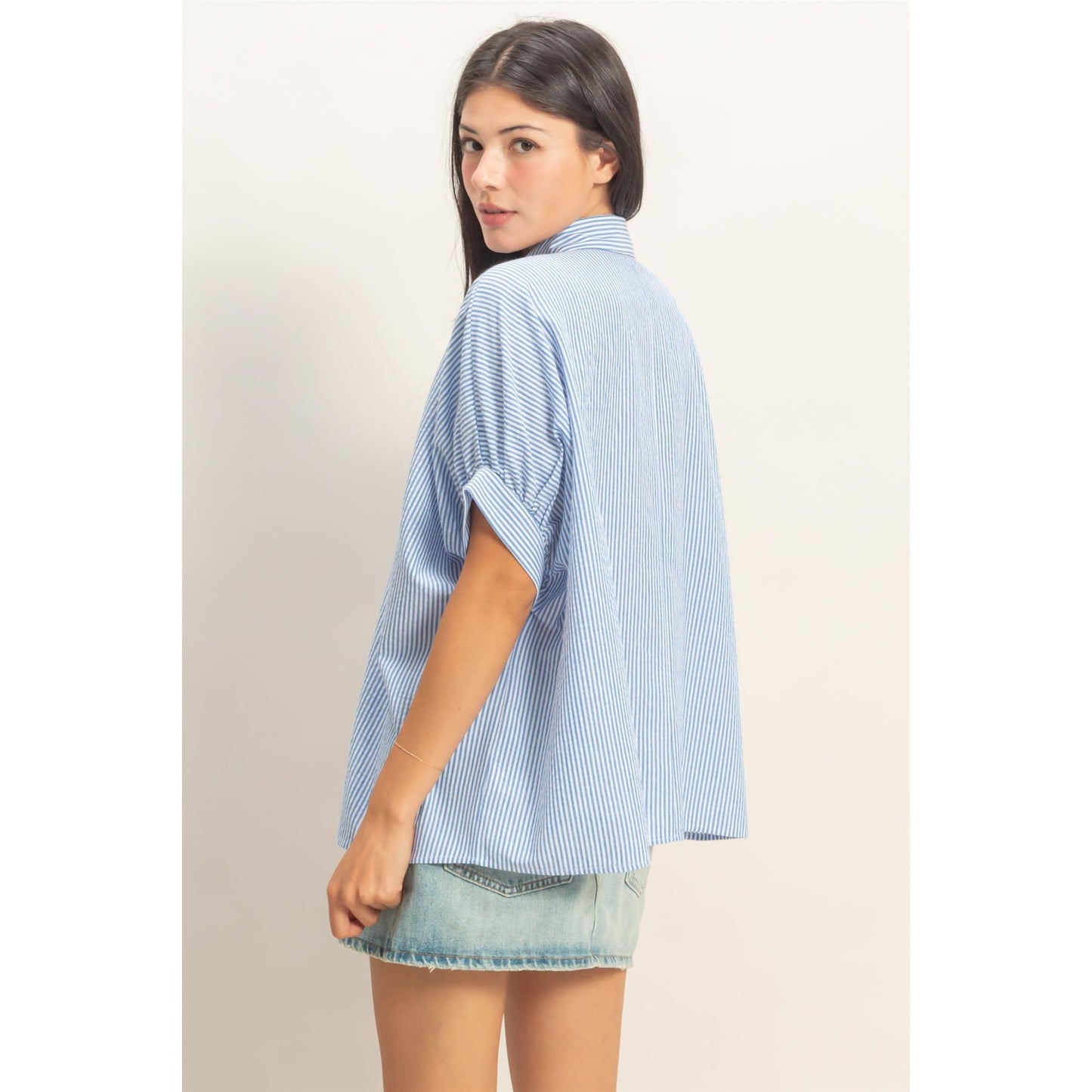 Striped Short Sleeve Blouse: Blue