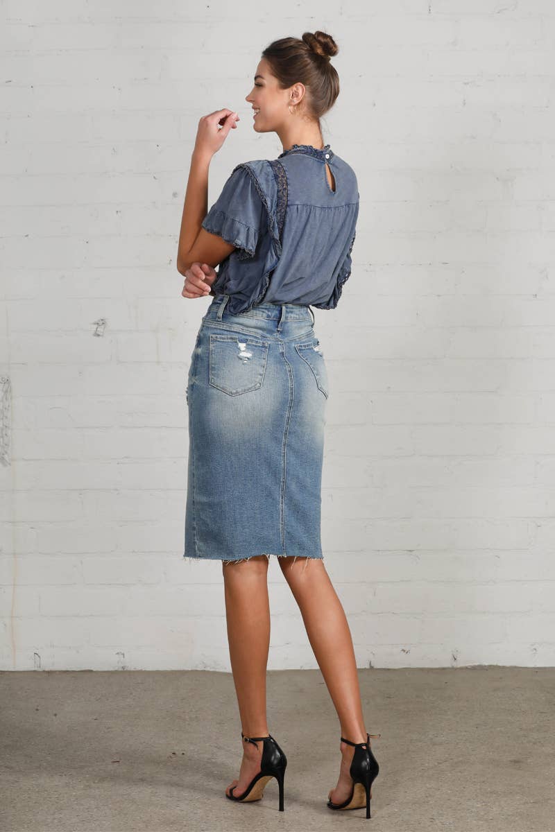 HR Distressed Knee Length Skirt