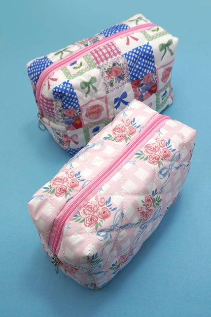 BOW QUILTED COTTON FLORAL COSMETIC BAG