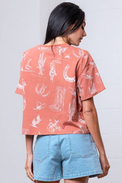 Cowboy Scene Oversized Crop Tee (Rust)