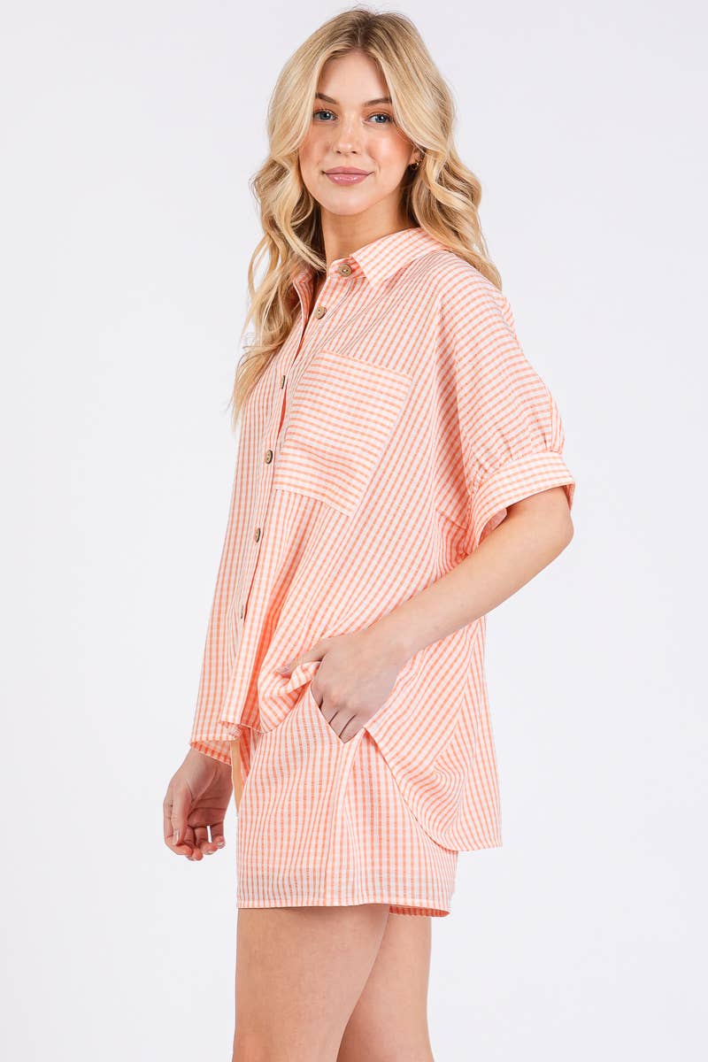 CHECKER BUTTON DOWN TOP & SHORTS SET PEACH