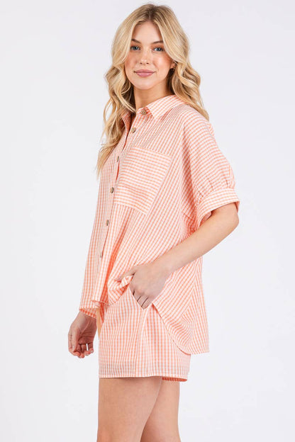 CHECKER BUTTON DOWN TOP & SHORTS SET PEACH