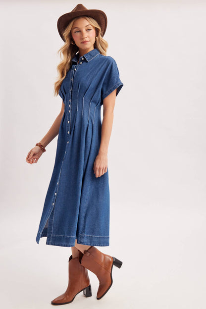 Button Down Pleated Waist Denim Dress