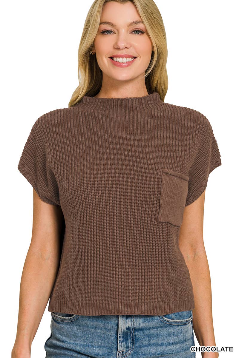 Mock Neck SS Sweater- Brown