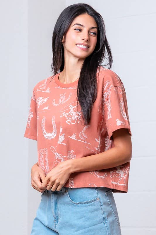 Cowboy Scene Oversized Crop Tee (Rust)