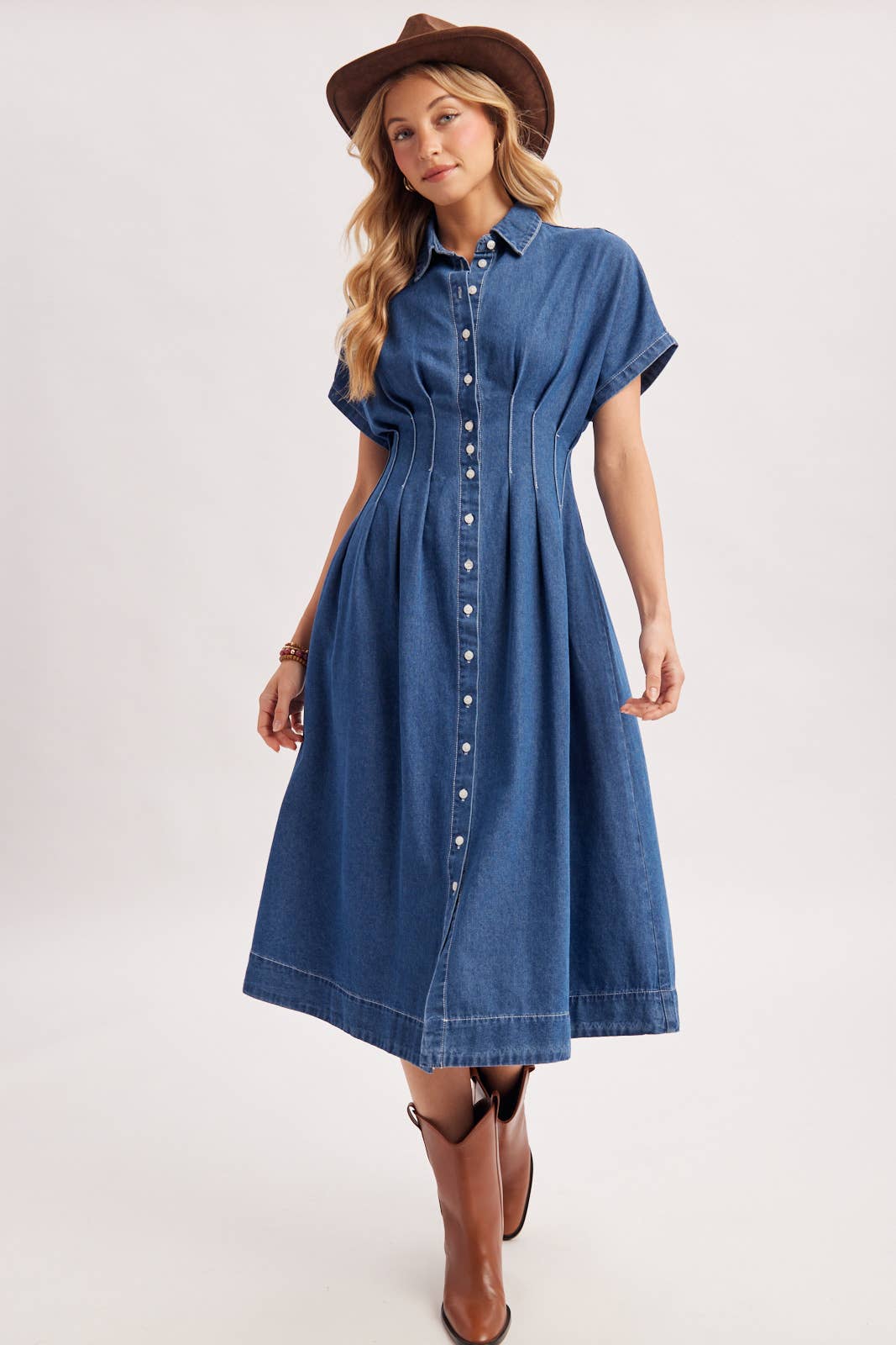 Button Down Pleated Waist Denim Dress