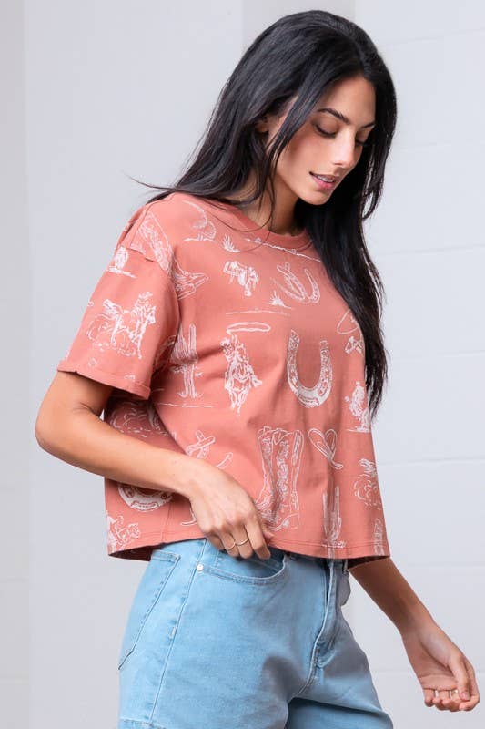 Cowboy Scene Oversized Crop Tee (Rust)