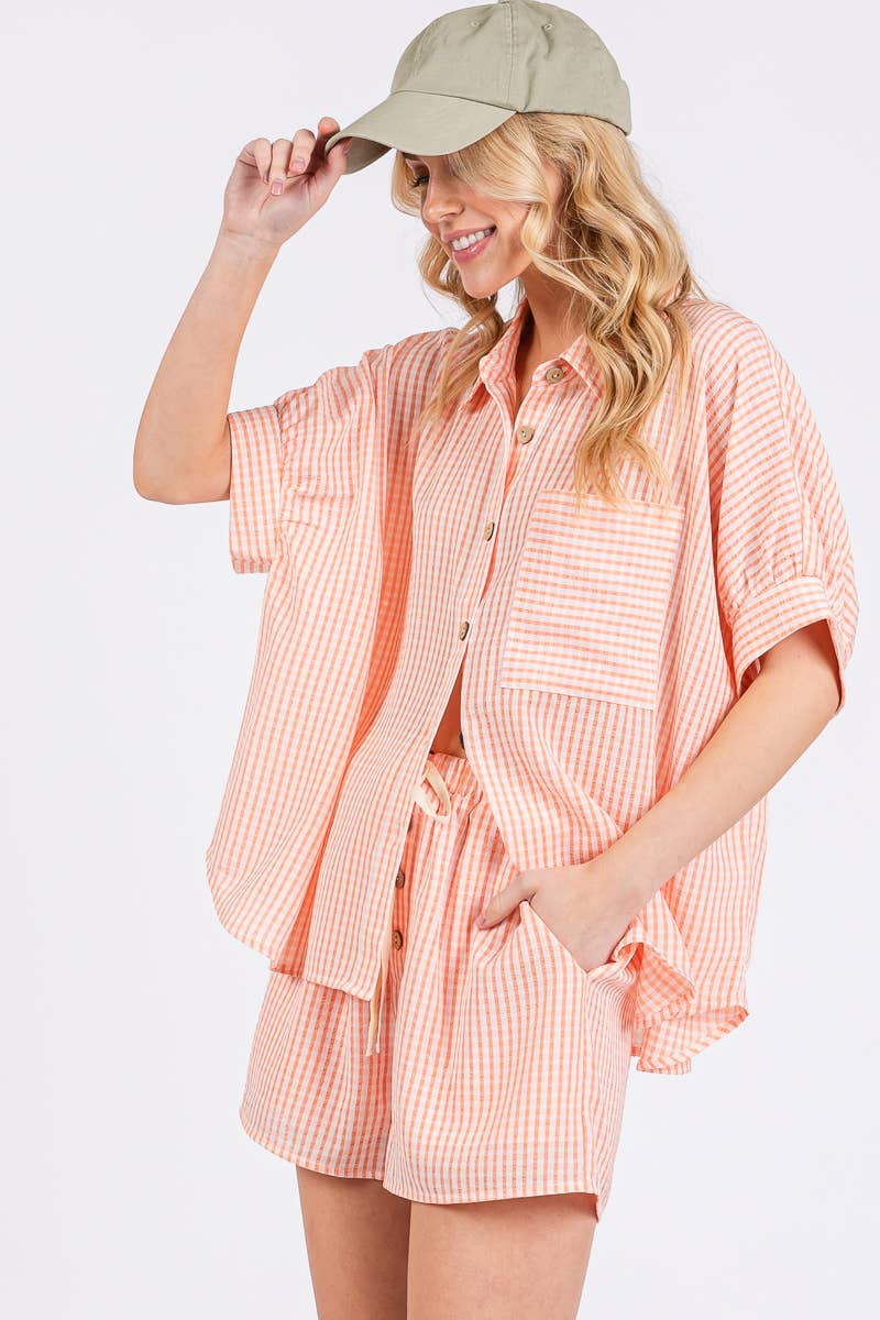 CHECKER BUTTON DOWN TOP & SHORTS SET PEACH