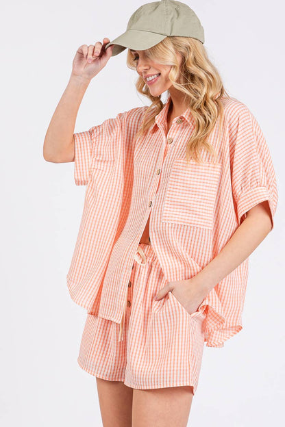 CHECKER BUTTON DOWN TOP & SHORTS SET PEACH