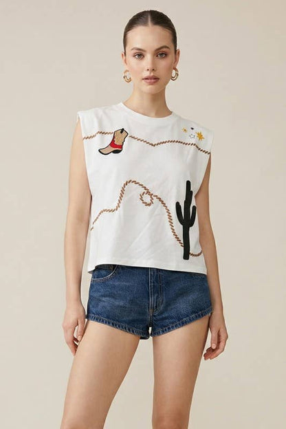 Western Roads: Embroidered sleeveless top