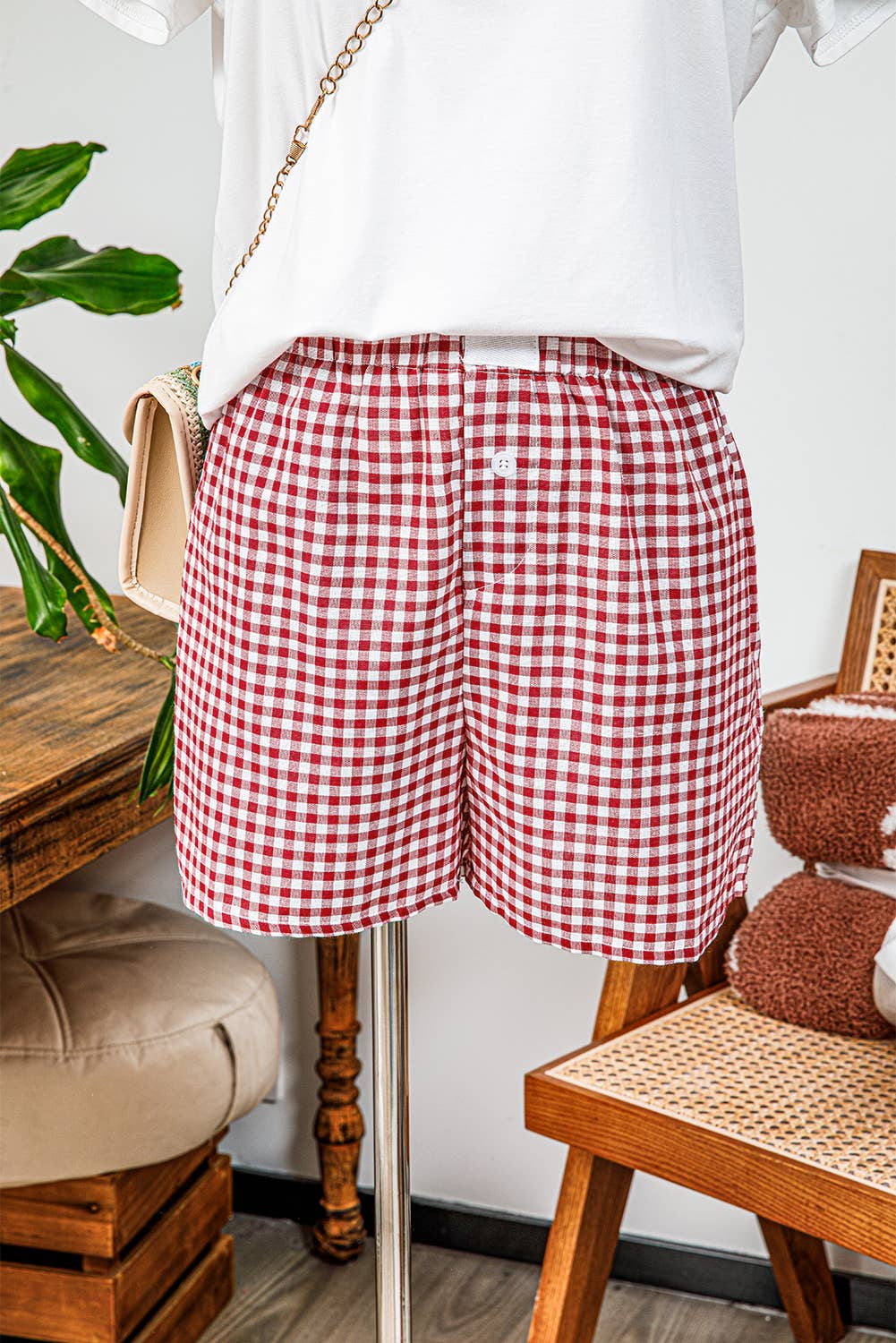 Plaid Printed High Waist Shorts/Red