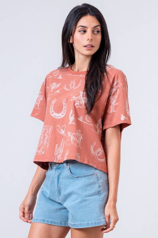 Cowboy Scene Oversized Crop Tee Rust