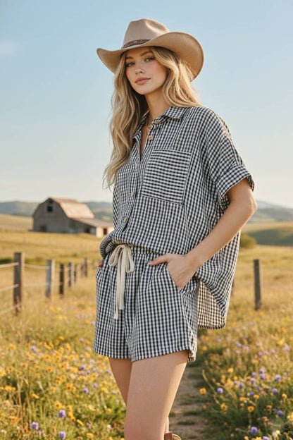 CHECKER BUTTON DOWN TOP & SHORTS SET PEACH