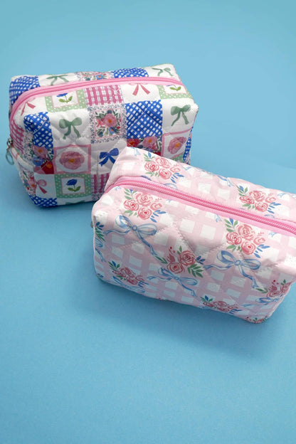 BOW QUILTED COTTON FLORAL COSMETIC BAG