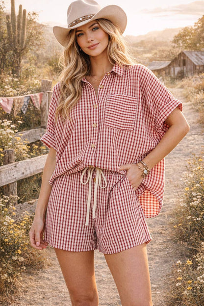 CHECKER BUTTON DOWN TOP & SHORTS SET PEACH