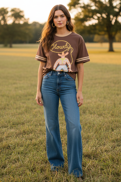 “HOWDY” Brown Ringer Tee
