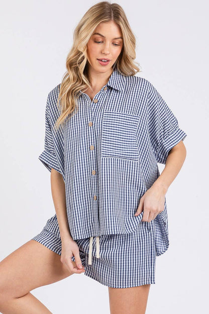 CHECKER BUTTON DOWN TOP & SHORTS SET PEACH