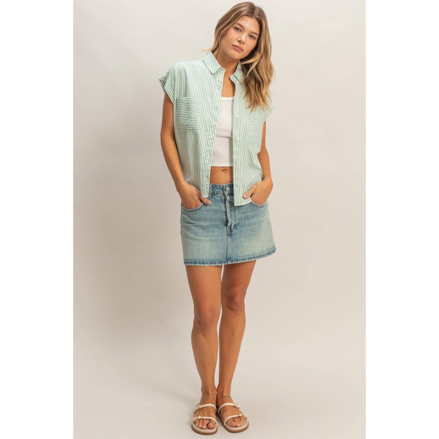 Button-Up Striped Shirt- Sage