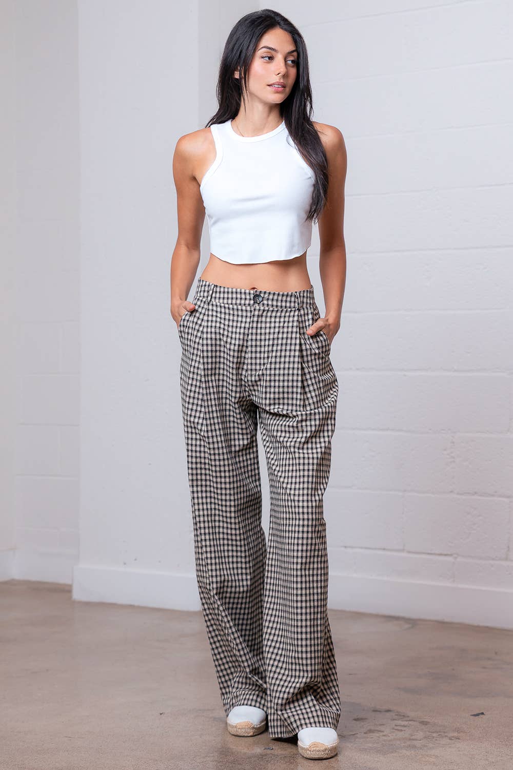 PLEATED STRAIGHT GINGHAM PANTS