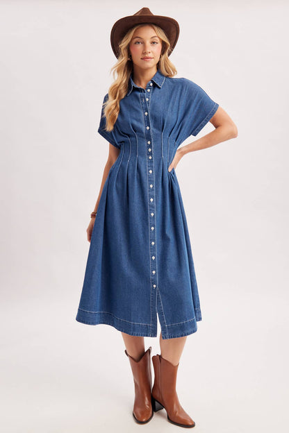 Button Down Pleated Waist Denim Dress