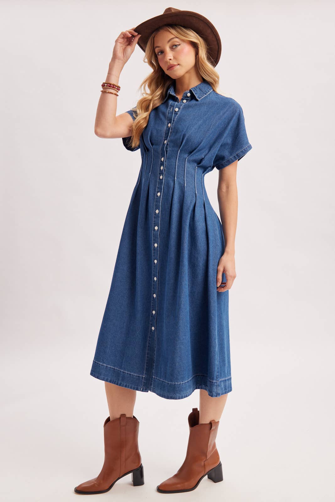 Button Down Pleated Waist Denim Dress