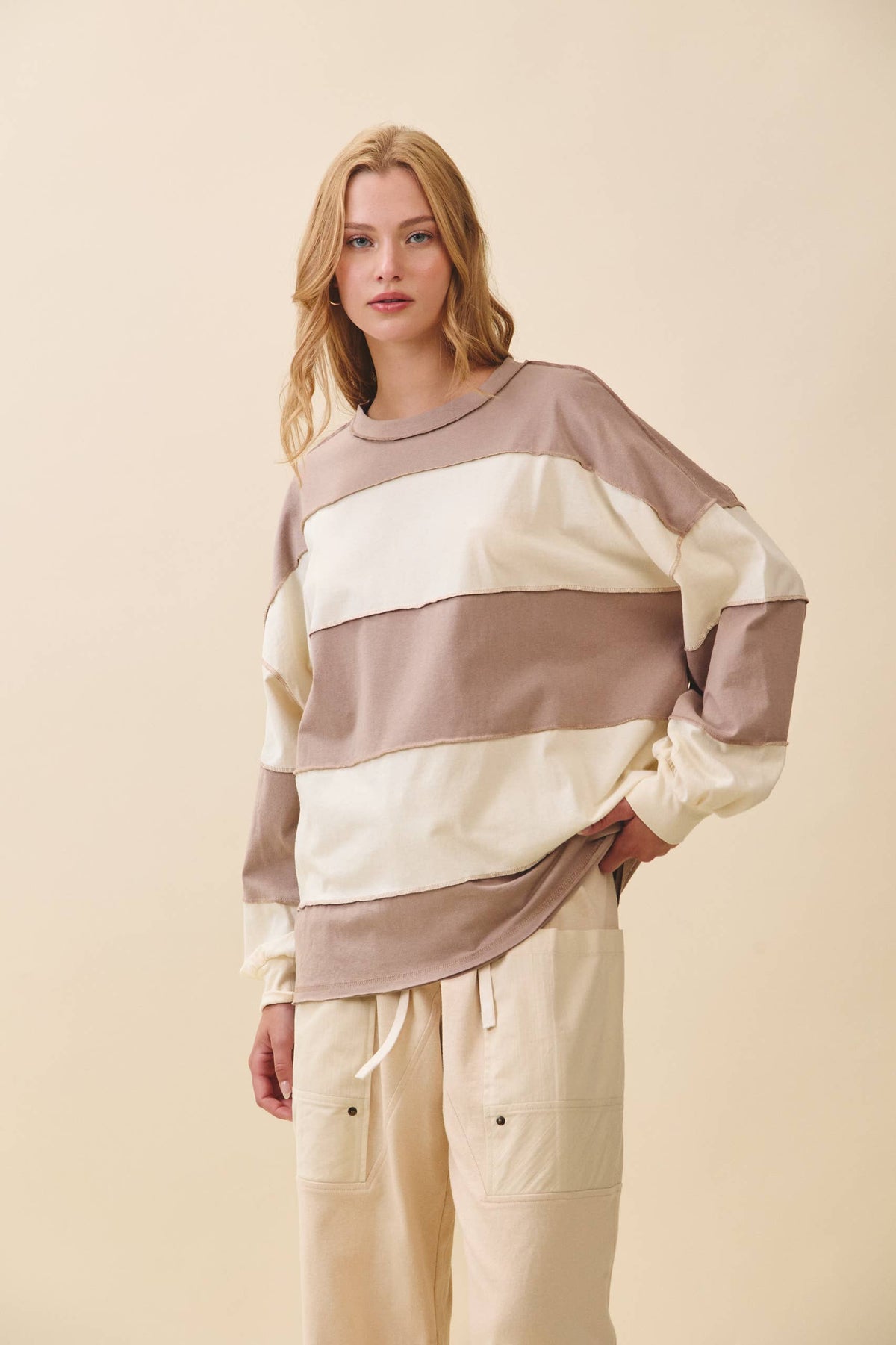 Oversized Color Block LS Latte/Butter