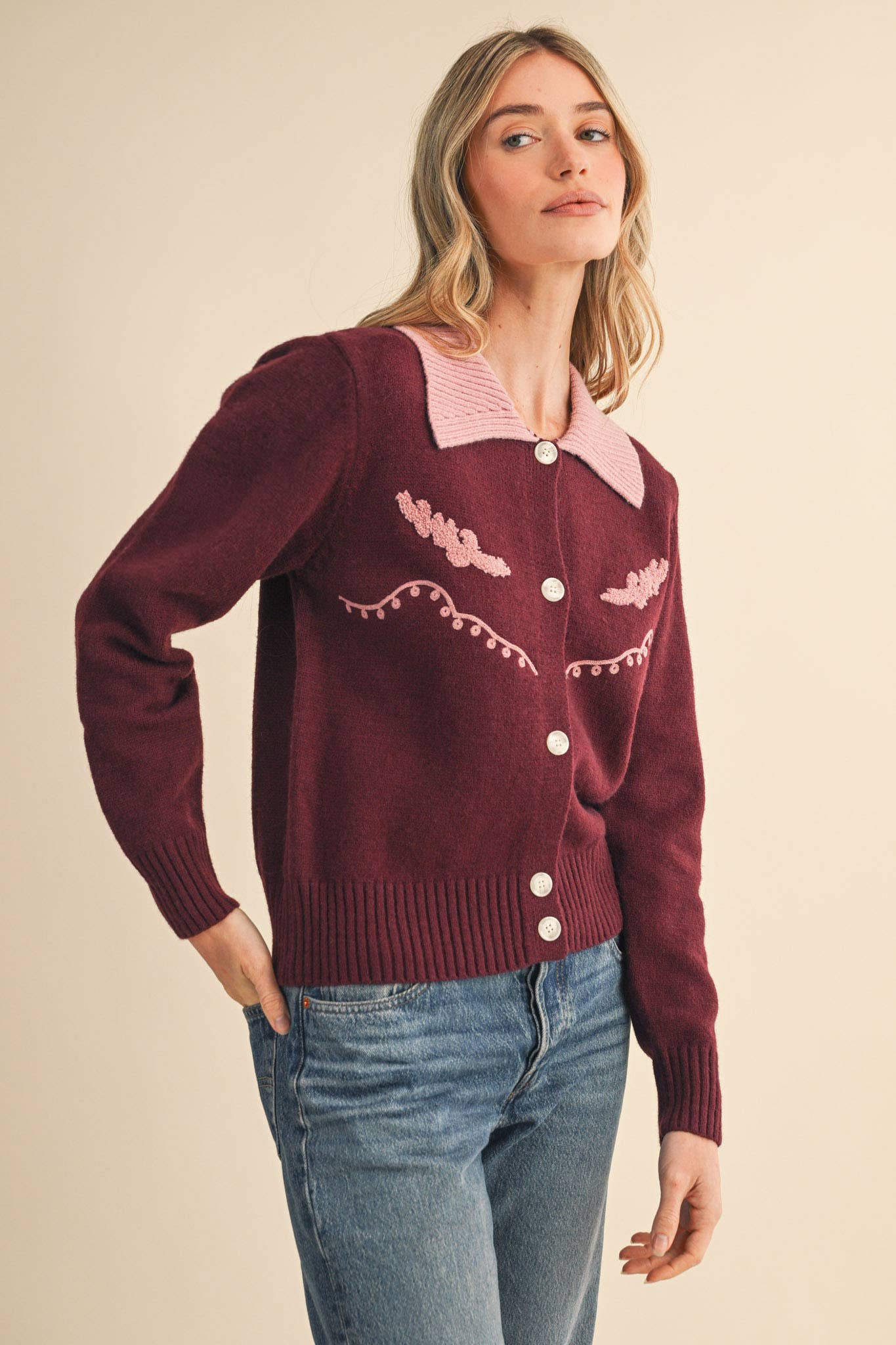 &Merci Sweater Cardigan Chocolate/Pink