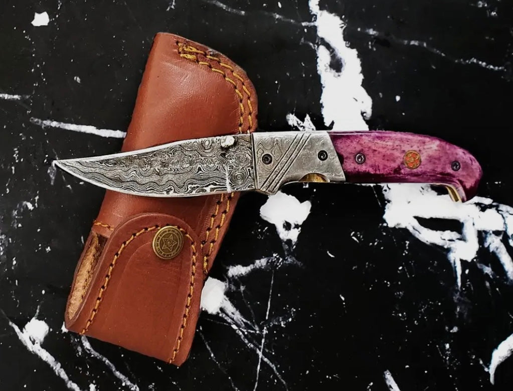 Damascus viola raindrop folding knife TF-002