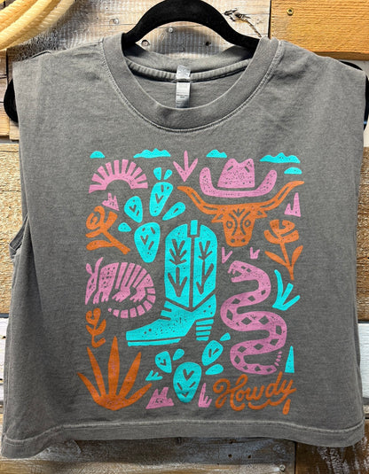 Howdy Desert Muscle Crop Tee