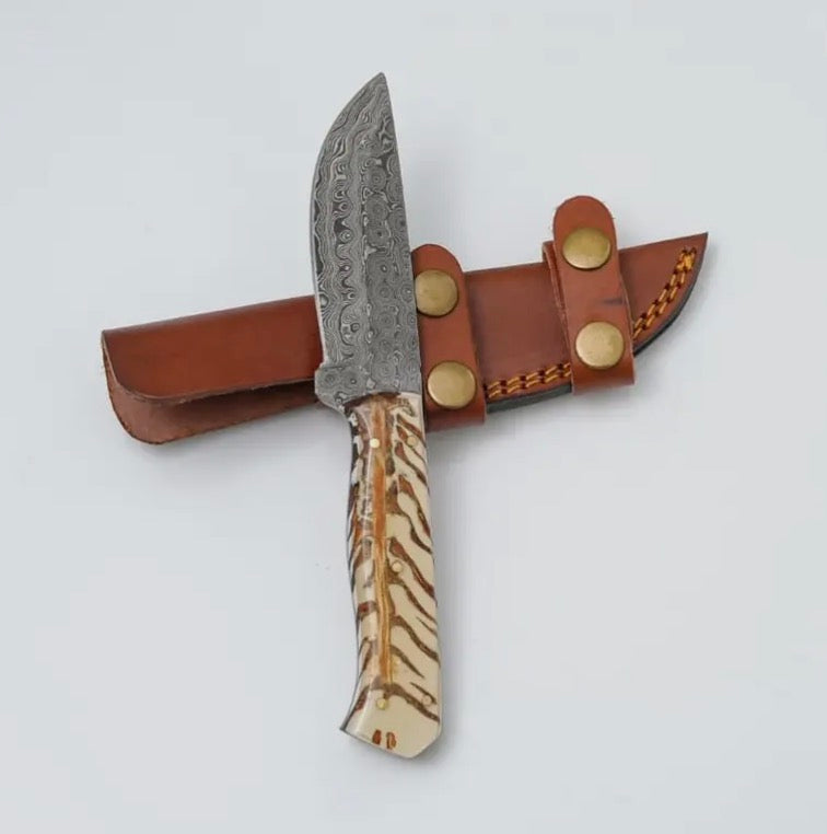 Damascus Camel Bone/Pine Cone resin knife