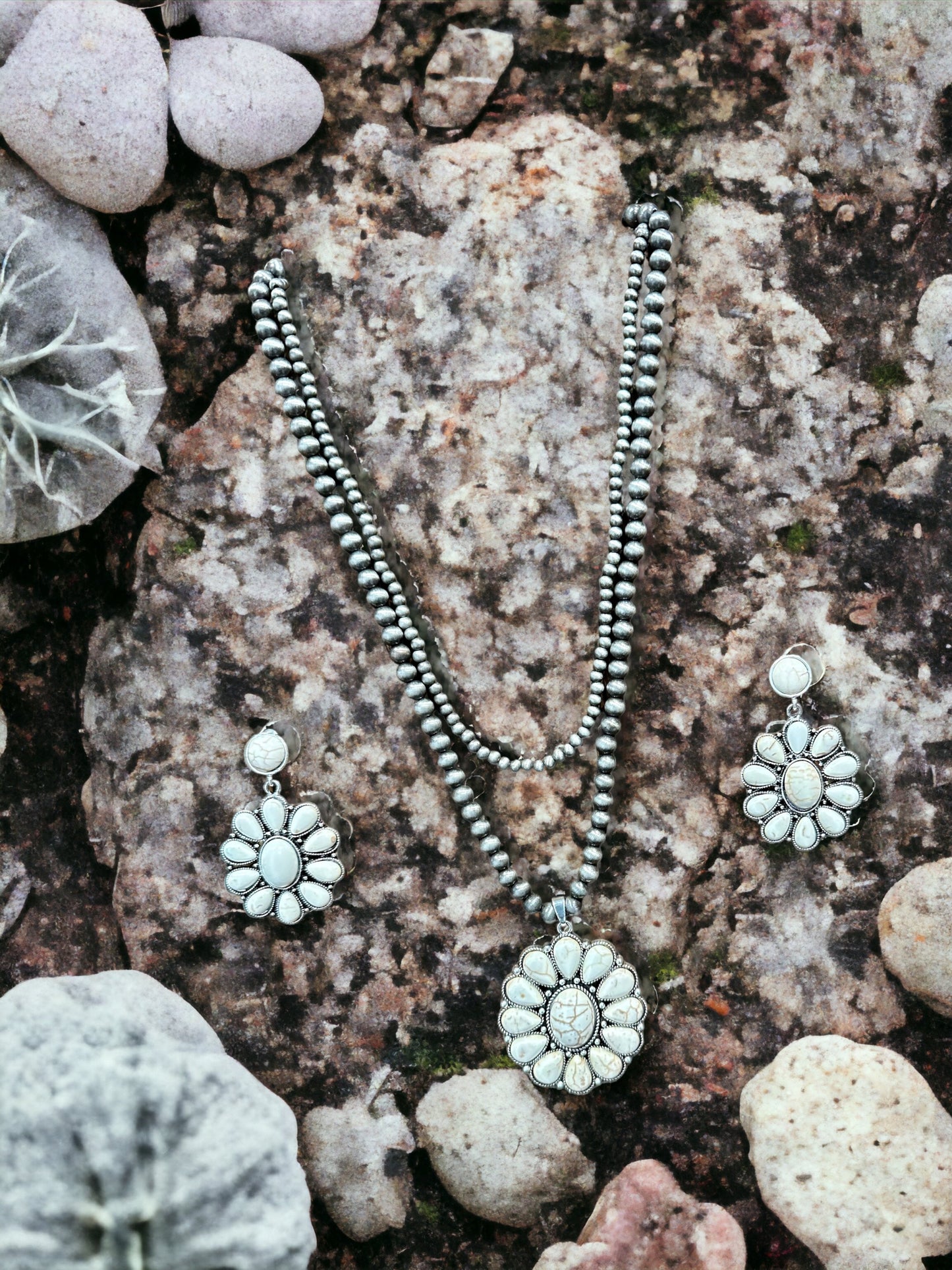 White Navajo Inspired Pearls & Cluster Necklace/Earring Set