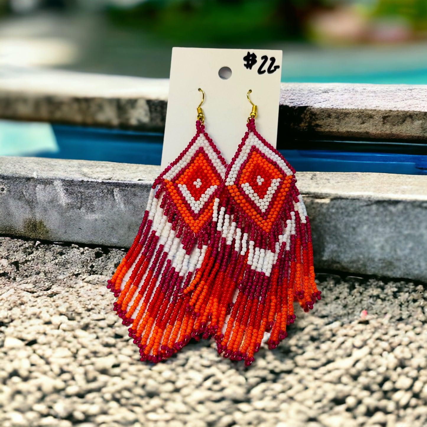 Orange,Fuschia, White Fringe Beaded earrings