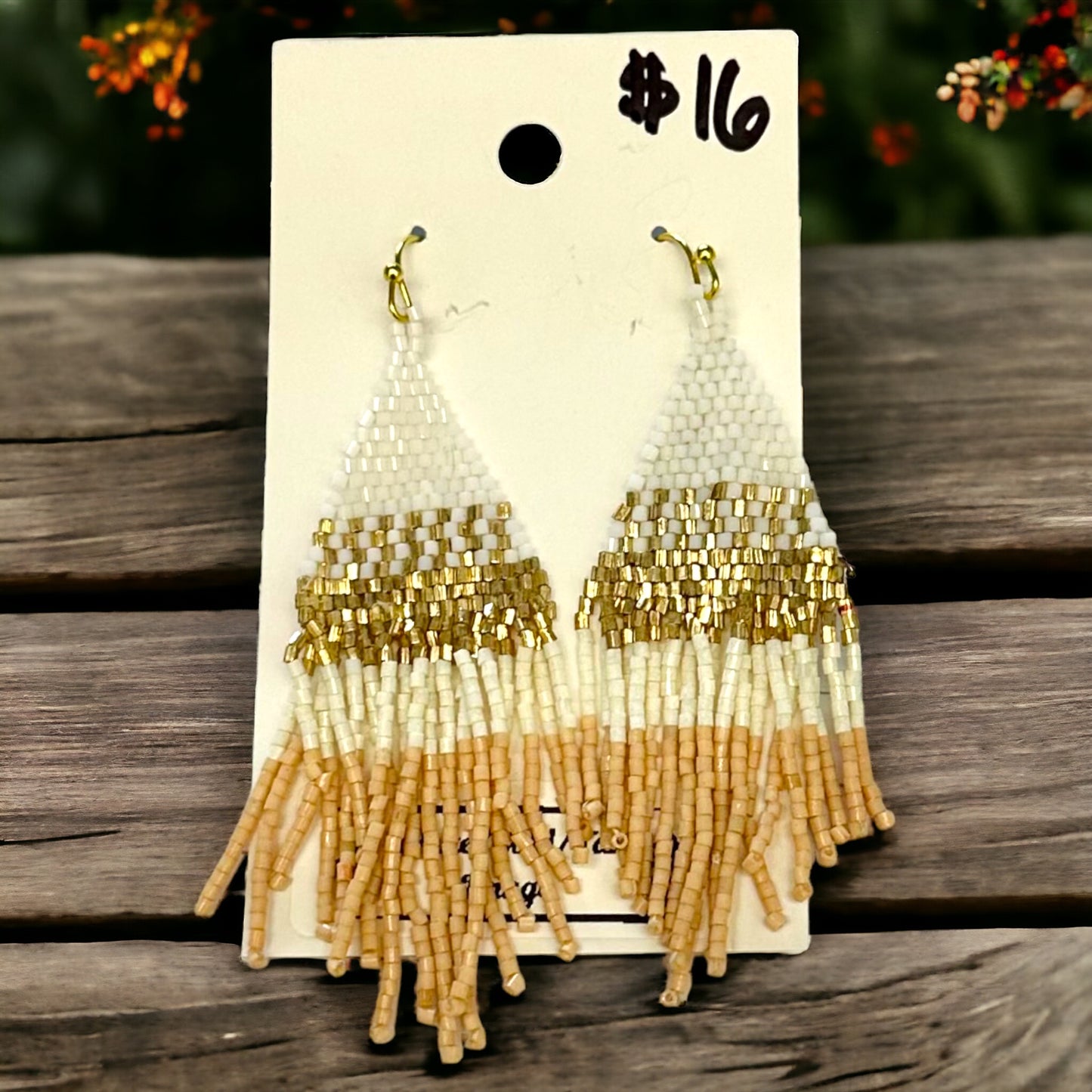 White, Gold, Tan Fringe Beaded Earrings