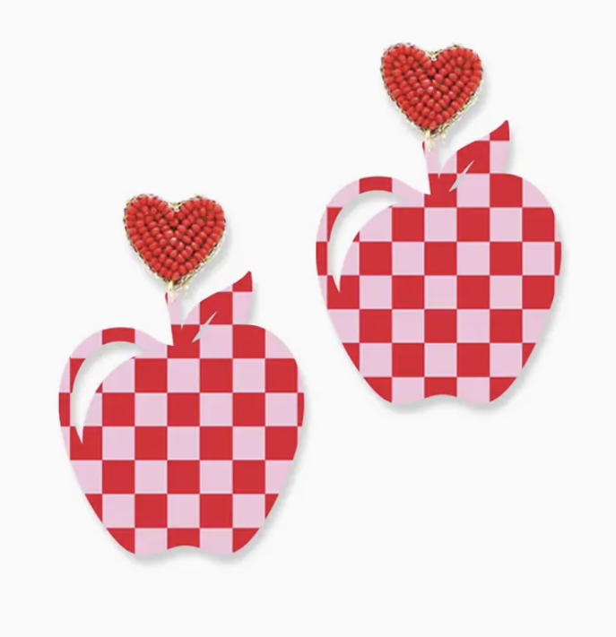 Red & Pink Checkered Teacher Apple Earrings