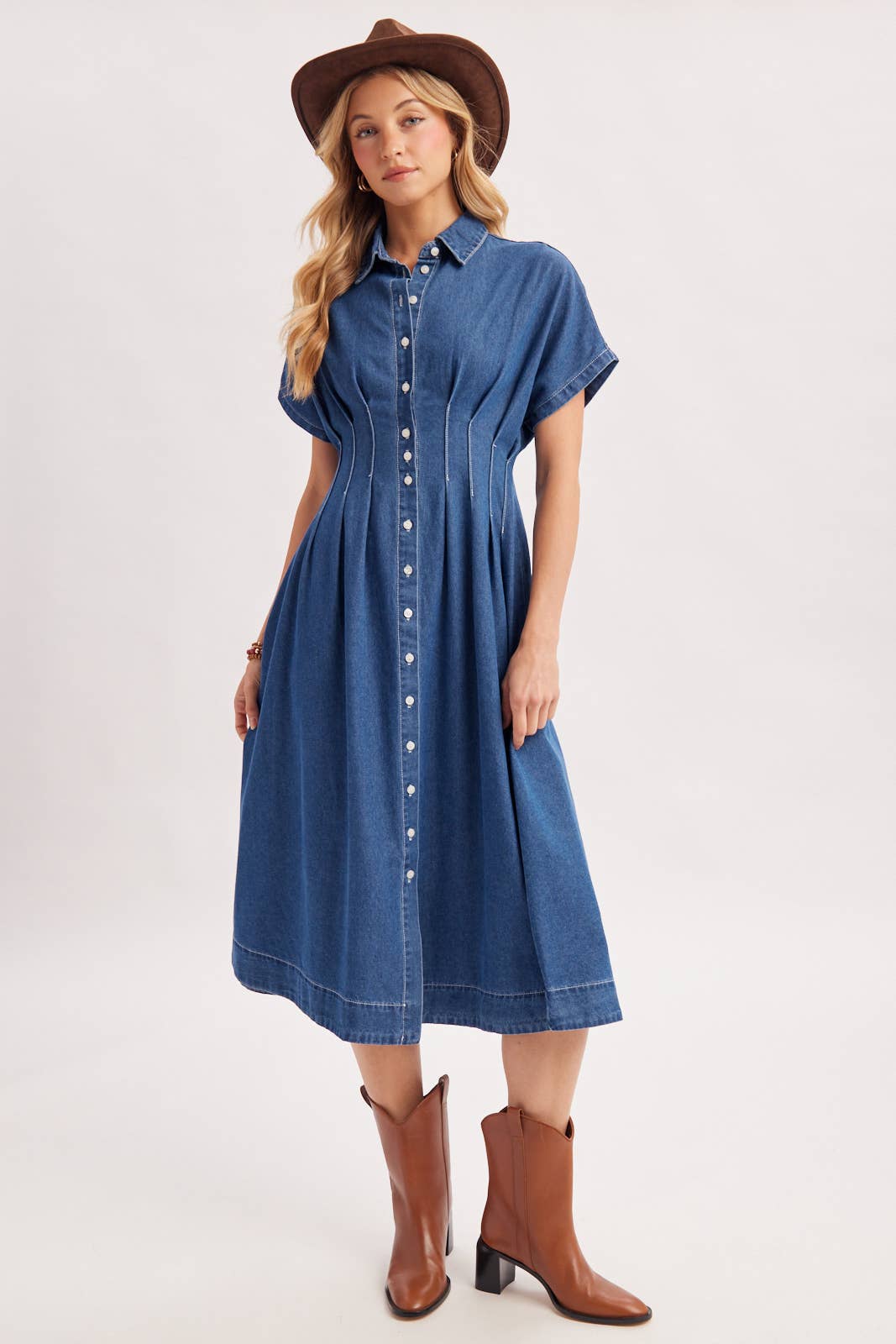 Button Down Pleated Waist Denim Dress