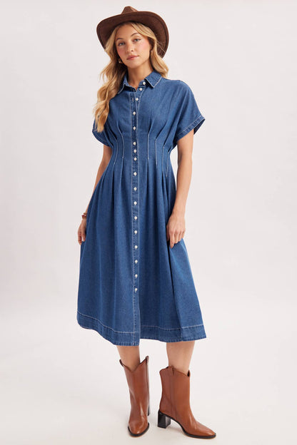 Button Down Pleated Waist Denim Dress