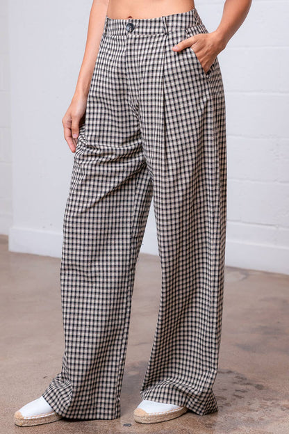 PLEATED STRAIGHT GINGHAM PANTS