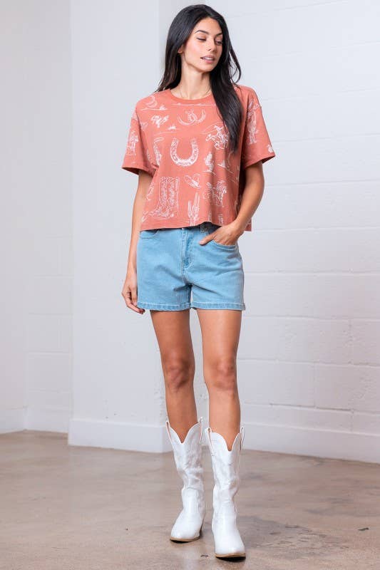 Cowboy Scene Oversized Crop Tee (Rust)